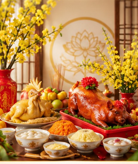 Gà cúng – Xôi chè – Heo quay